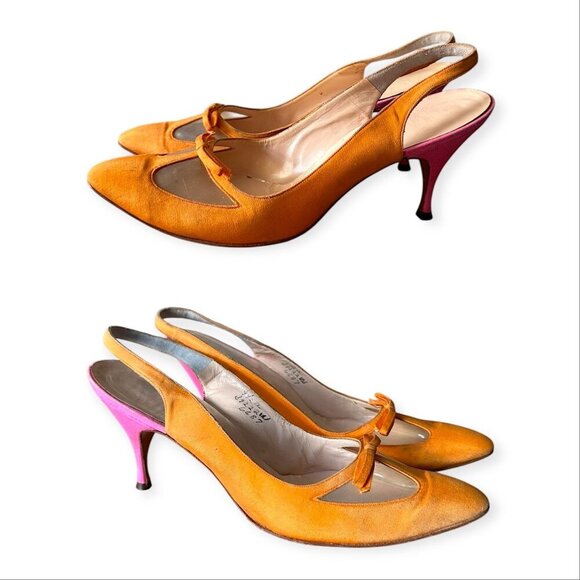Vintage Saks Fifth Avenue Slingback Heels | Orange Pink Satin | Clear Vinyl Inse - Picture 10 of 14